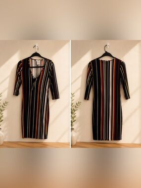 Black Multi-Stripe V-Neck Bodycon Dress